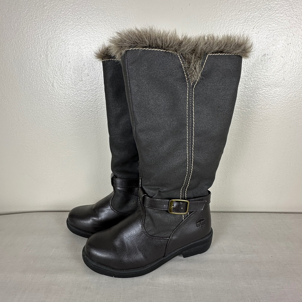 Totes Women's 6W Winter Boots Dark Brown Faux Fur Trim Rider Side Zip Buckle
